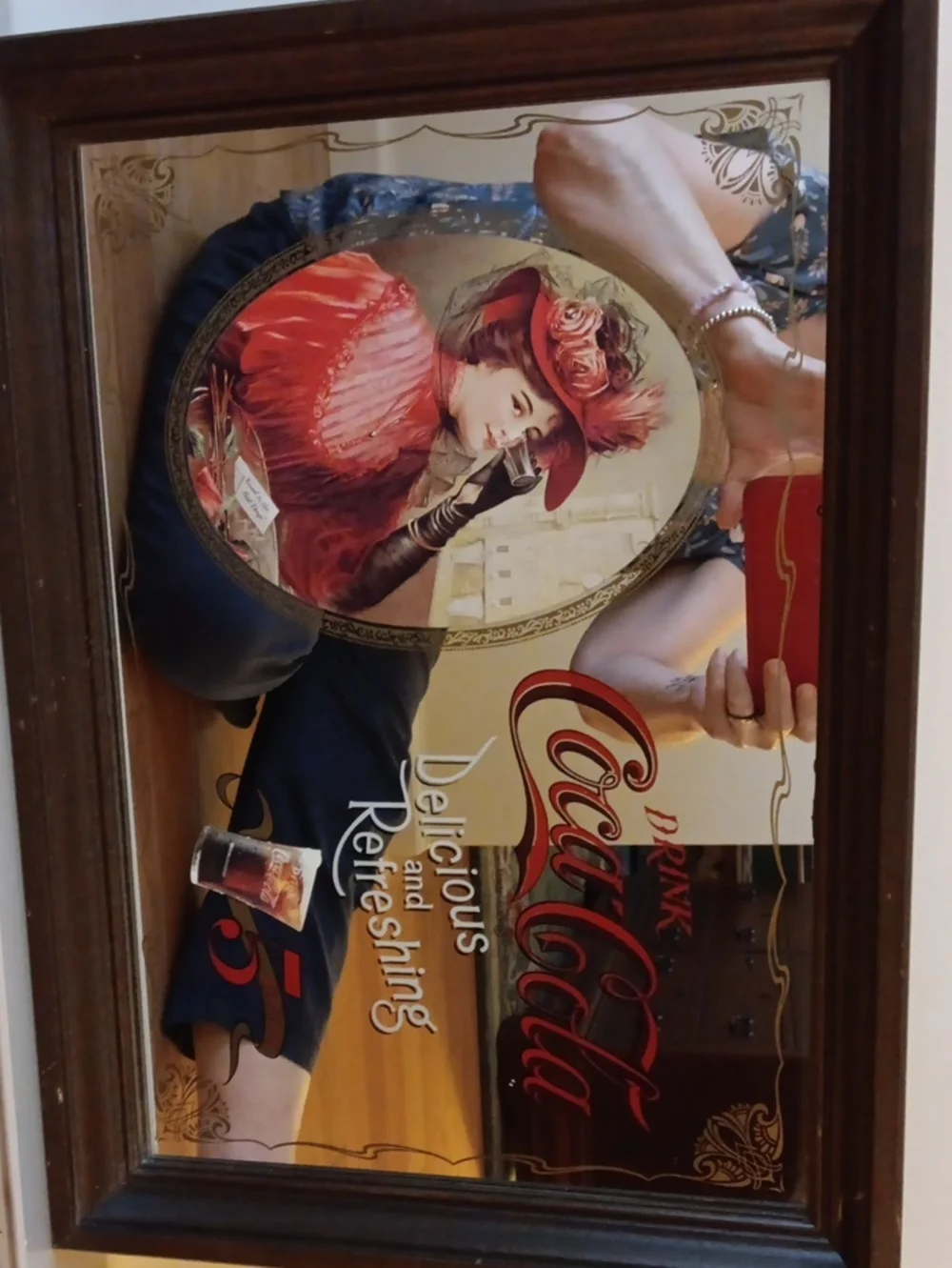 Coca-Cola Framed Advertising Mirror with Red and Gold Artwork